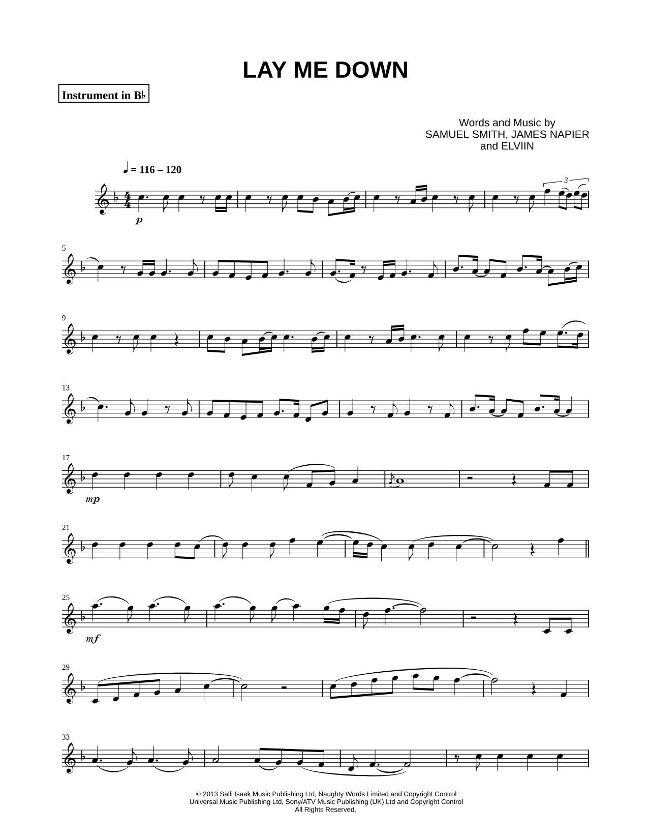 Lay Me Down - Bb Instrument