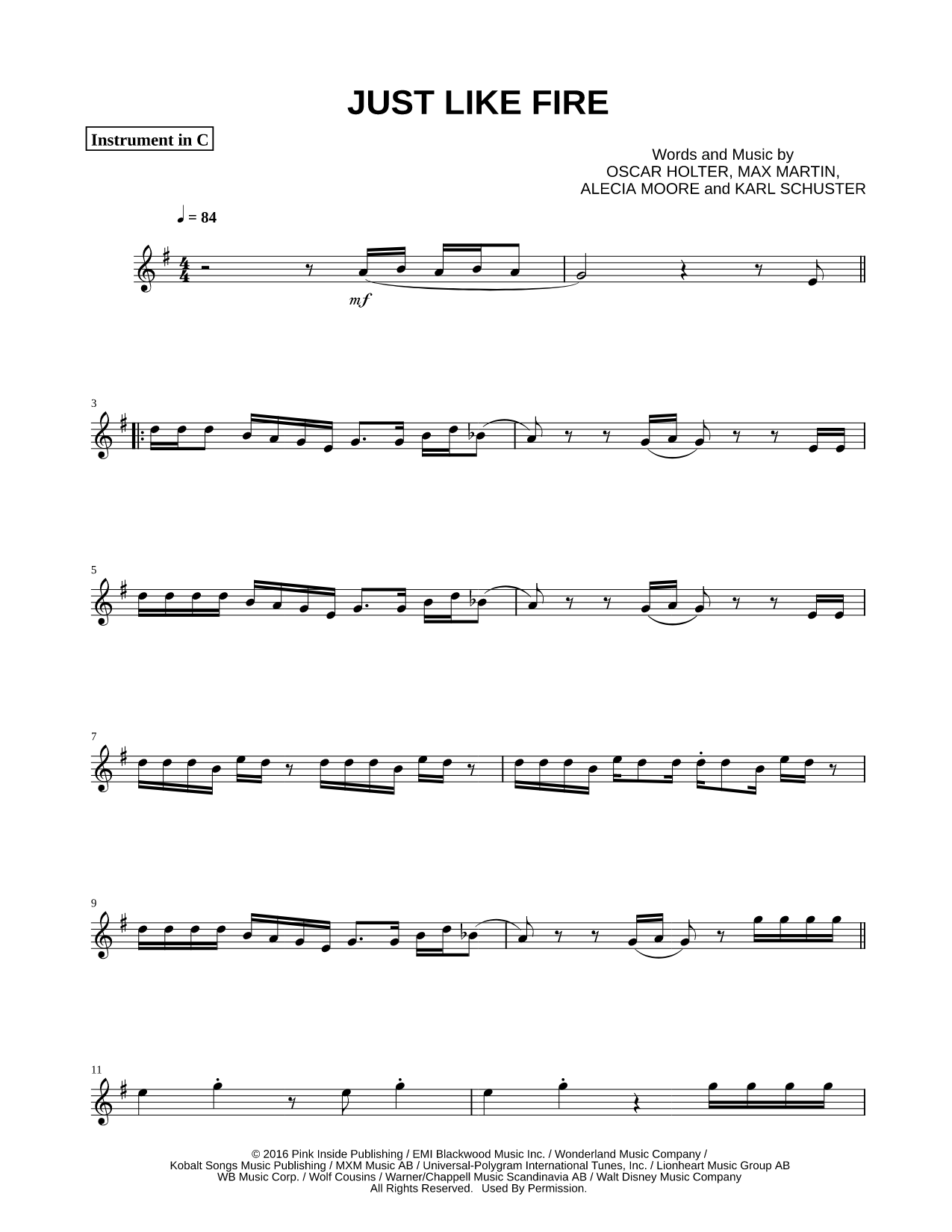 Just Like Fire - C Instrument