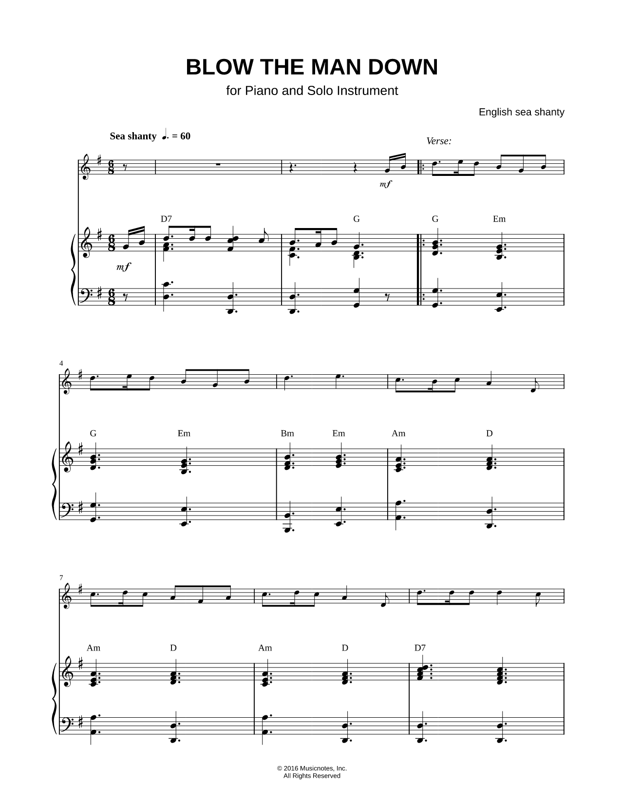 Blow the Man Down - Piano Accompaniment