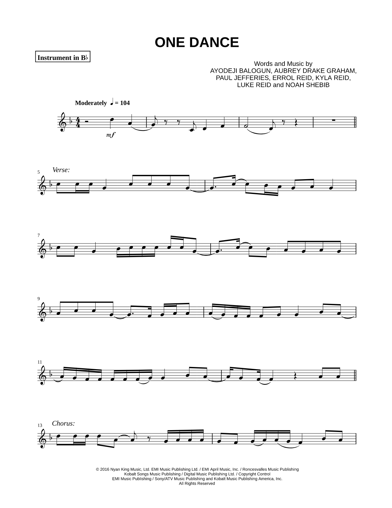 One Dance - Bb Instrument
