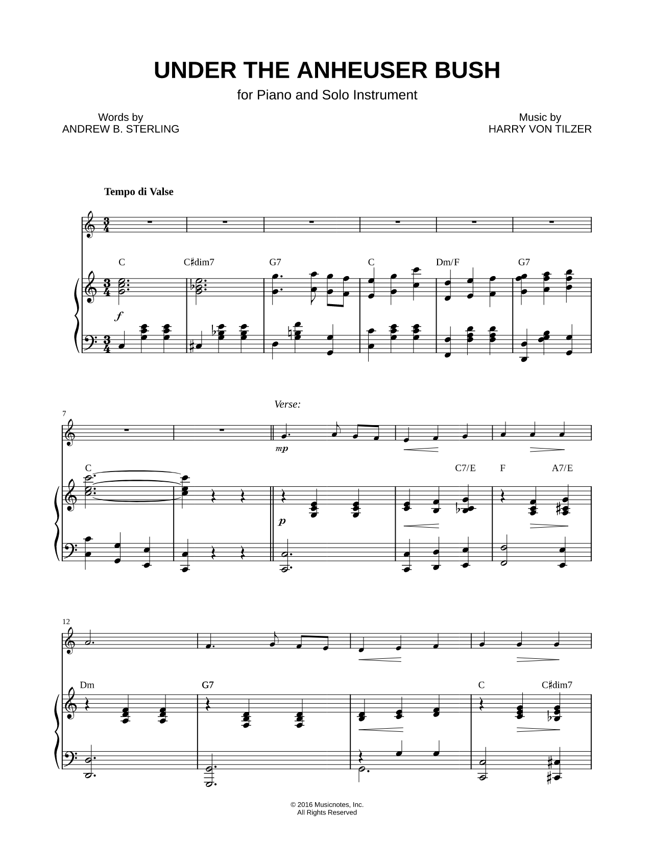 Under the Anheuser Bush - Piano Accompaniment