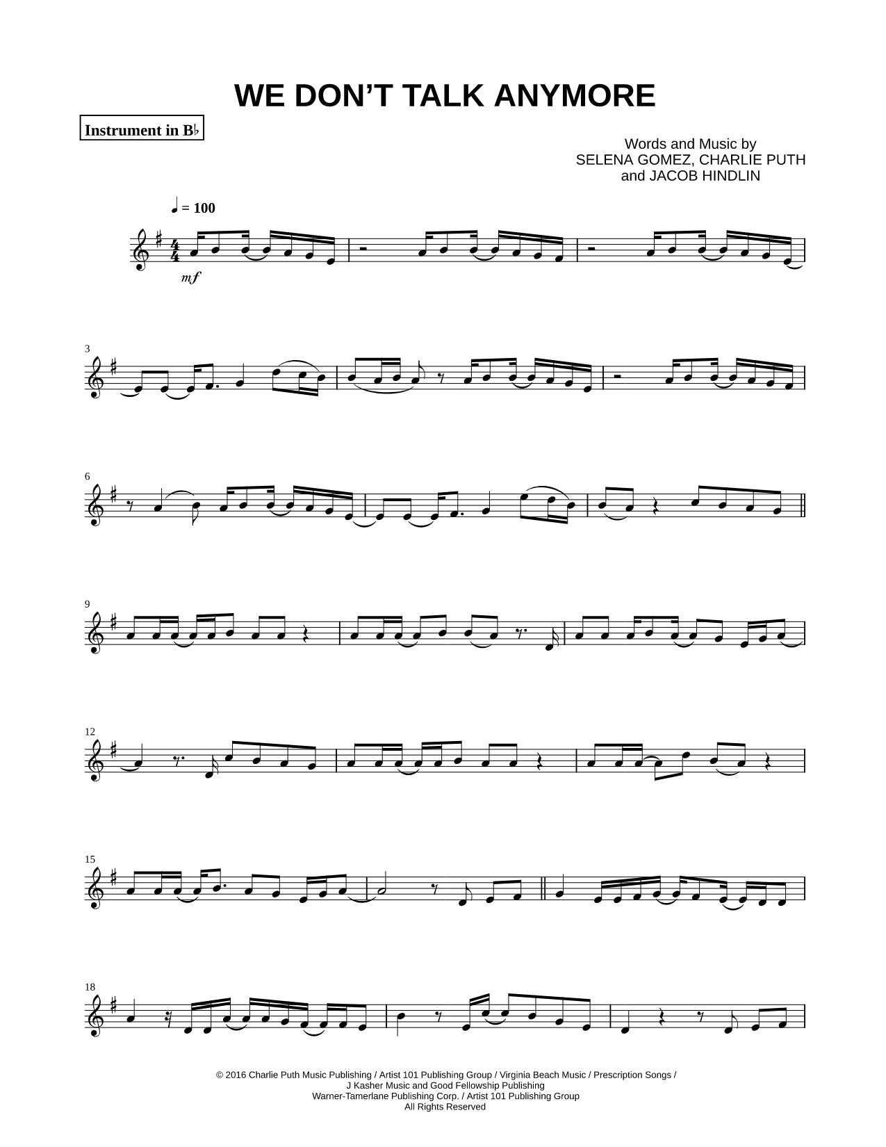 We Don't Talk Anymore - Bb Instrument