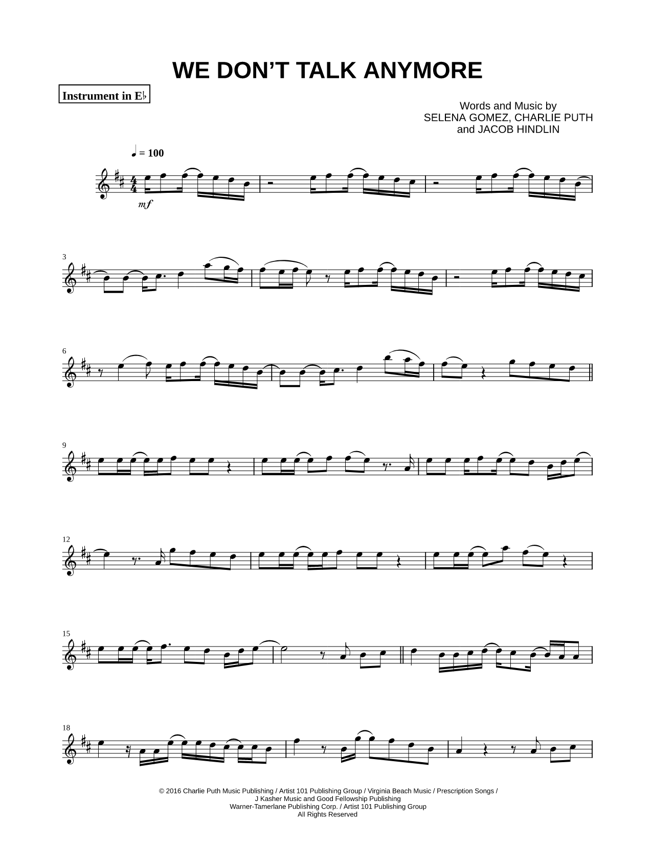 We Don't Talk Anymore - Eb Instrument