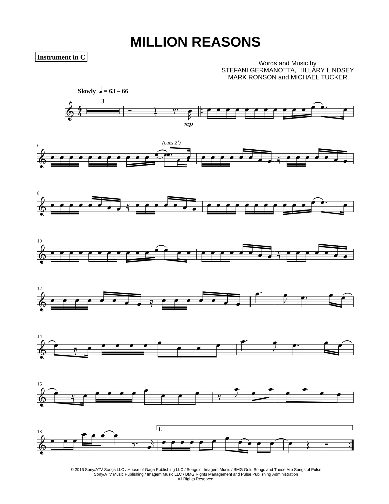 Million Reasons - C Instrument