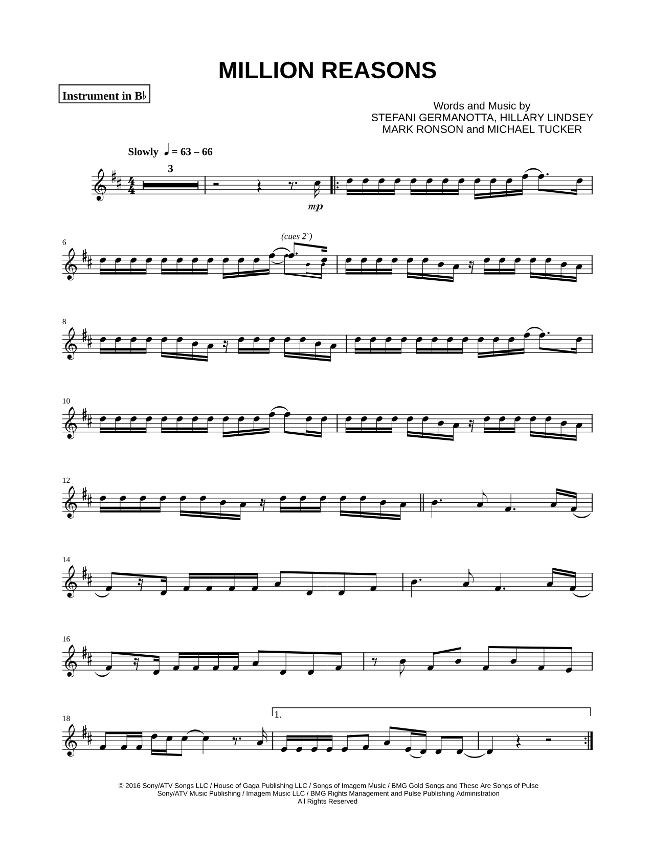Million Reasons - Bb Instrument