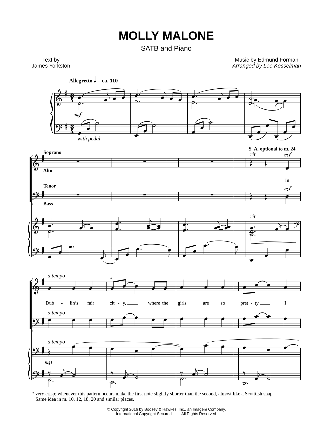 Molly Malone Sheet Music — SATB Choir + Piano