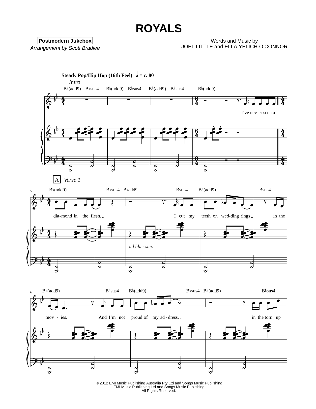 Royals Sheet Music — Piano/Vocal/Chords, Singer Pro