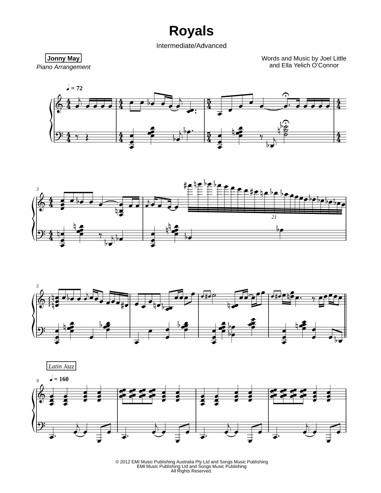Royals [Intermediate/Advanced] Sheet Music — Piano Solo