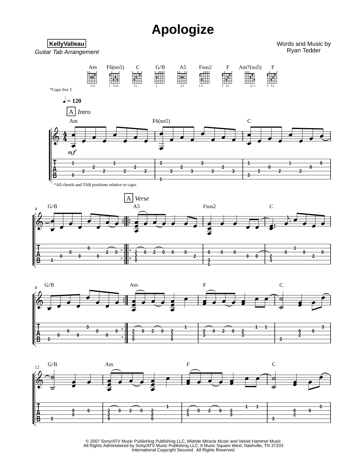 Apologize Sheet Music — Guitar Tab