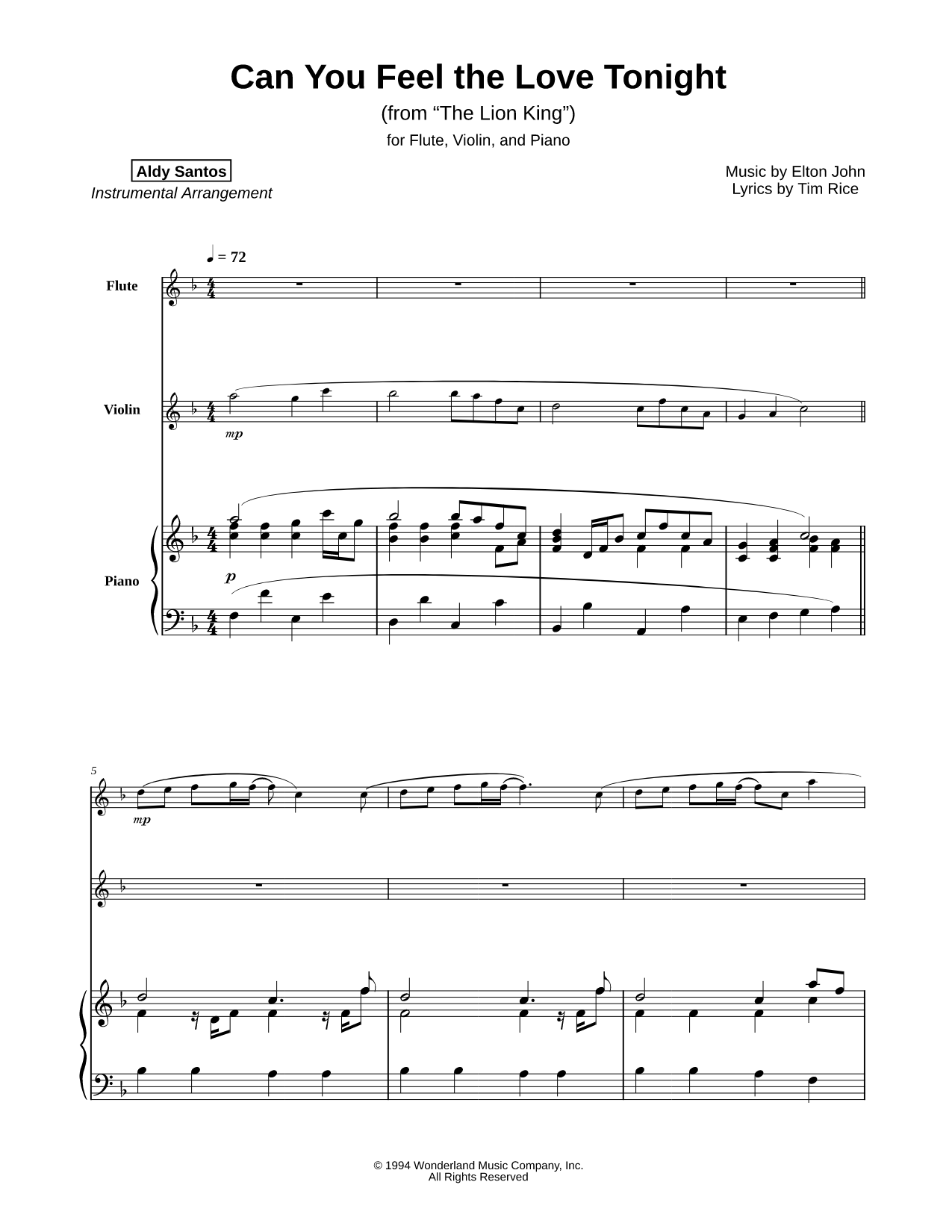 Can You Feel the Love Tonight - Flute, Violin & Piano