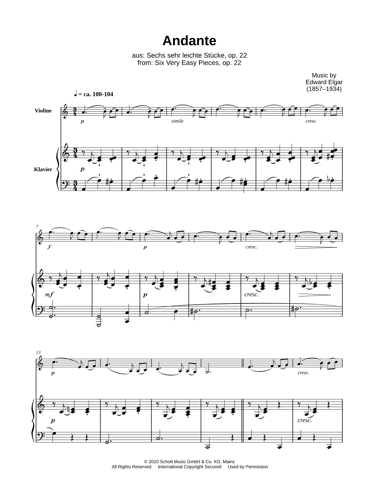 Six Very Easy Pieces, op. 22: Andante - Violin & Piano