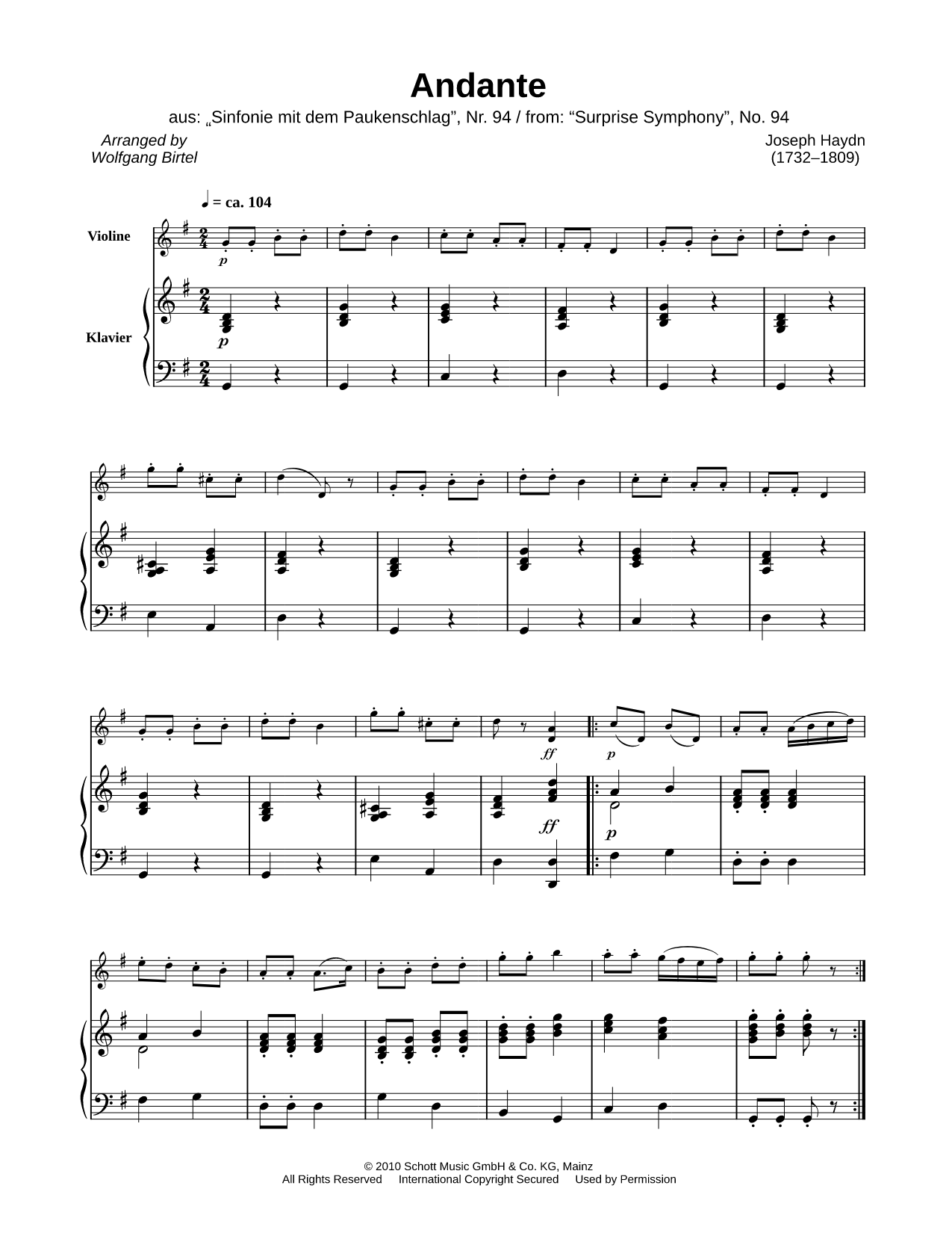 Andante from Surprise Symphony [Excerpt] - Violin & Piano