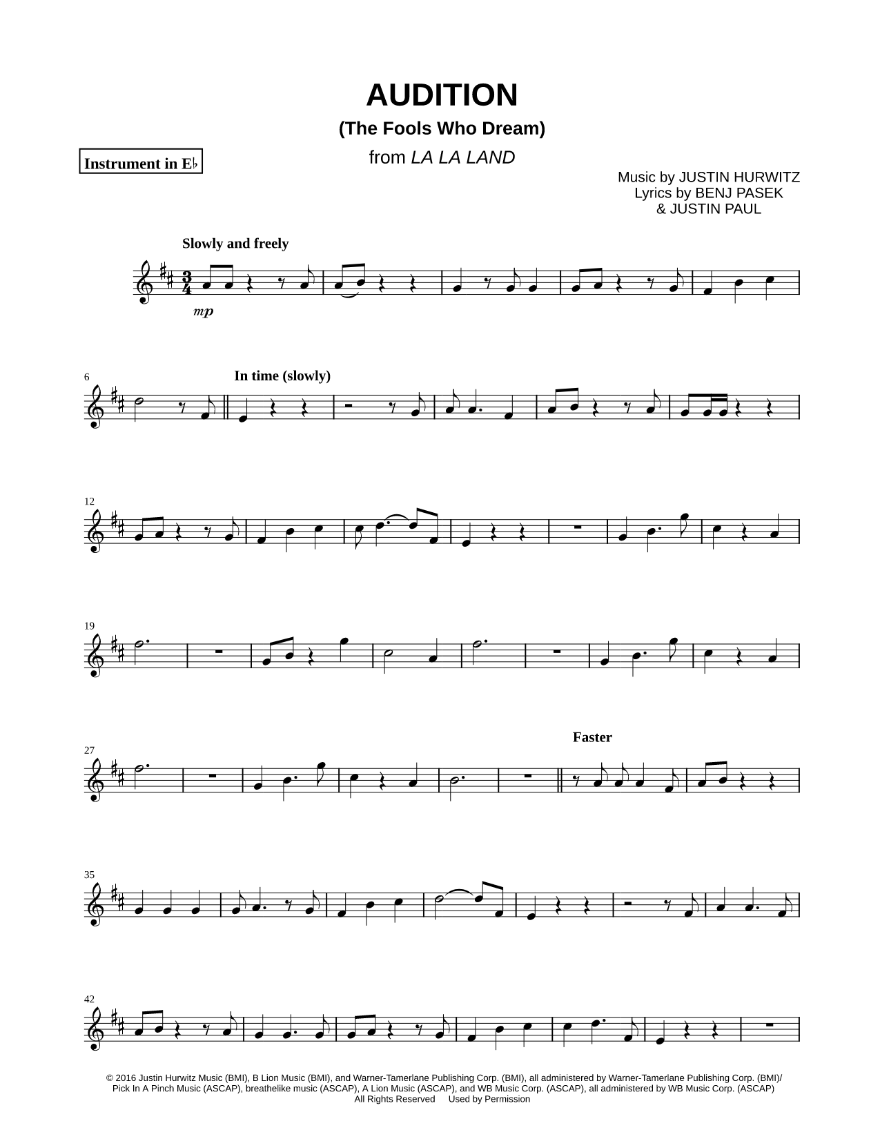 Audition (The Fools Who Dream) - Eb Instrument