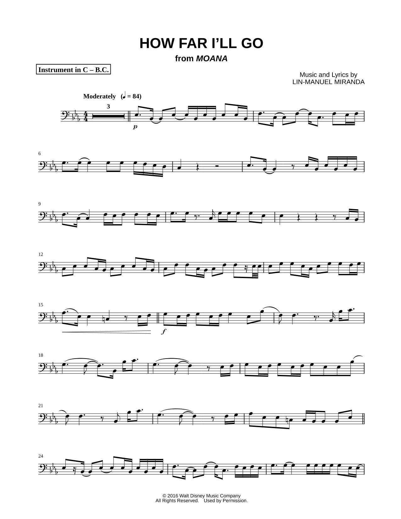 How Far I'll Go (Movie Version) - Bass Clef Instrument
