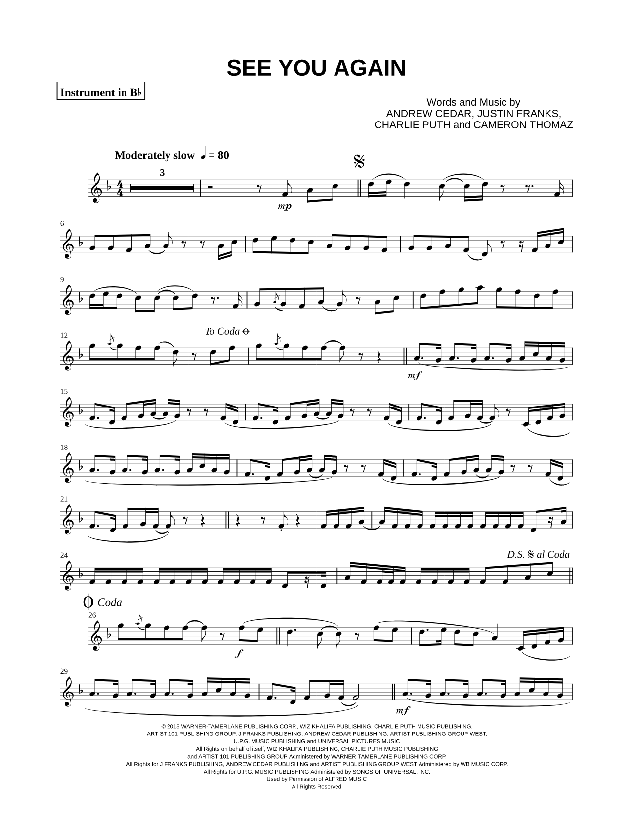 See You Again - Bb Instrument