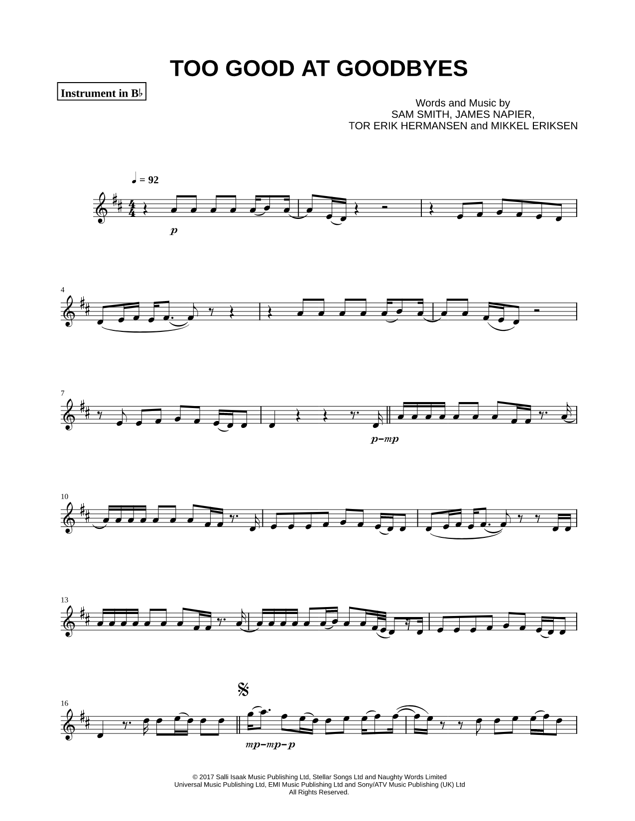 Too Good at Goodbyes - Bb Instrument