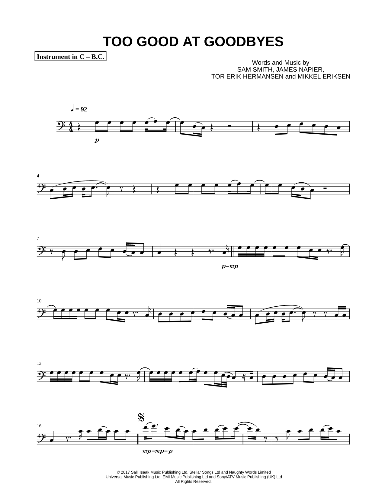 Too Good at Goodbyes - Bass Clef Instrument