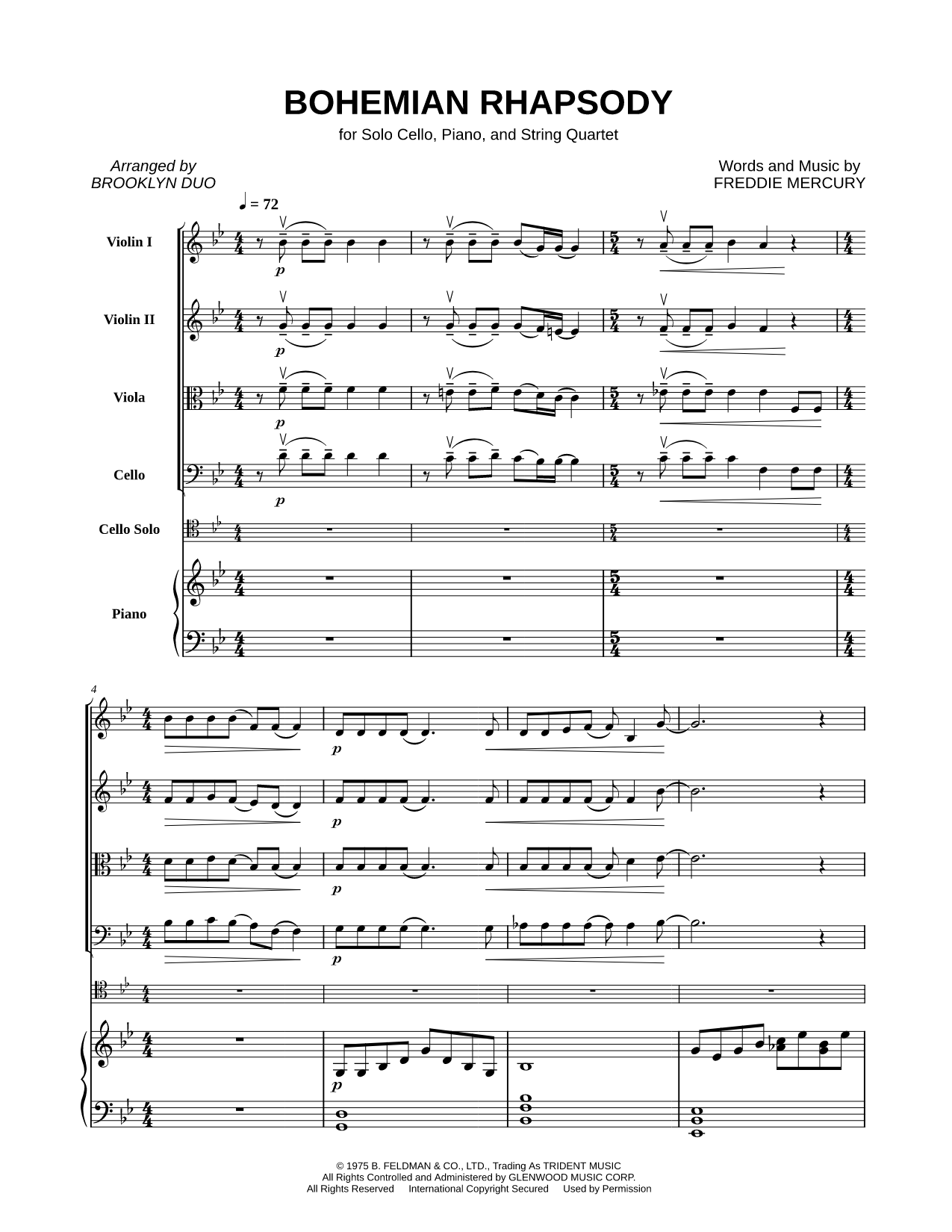 Bohemian Rhapsody - String Quintet & Piano Score