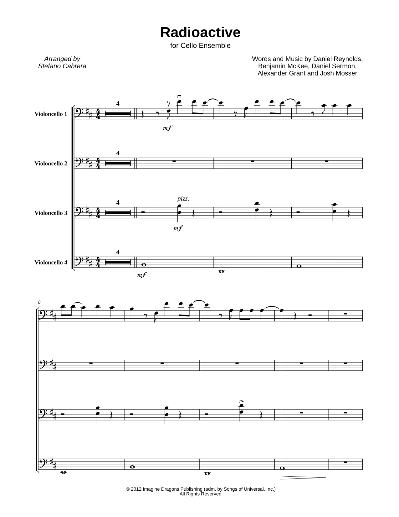 Radioactive - Cello Ensemble Sheet Music — Score &amp; Parts