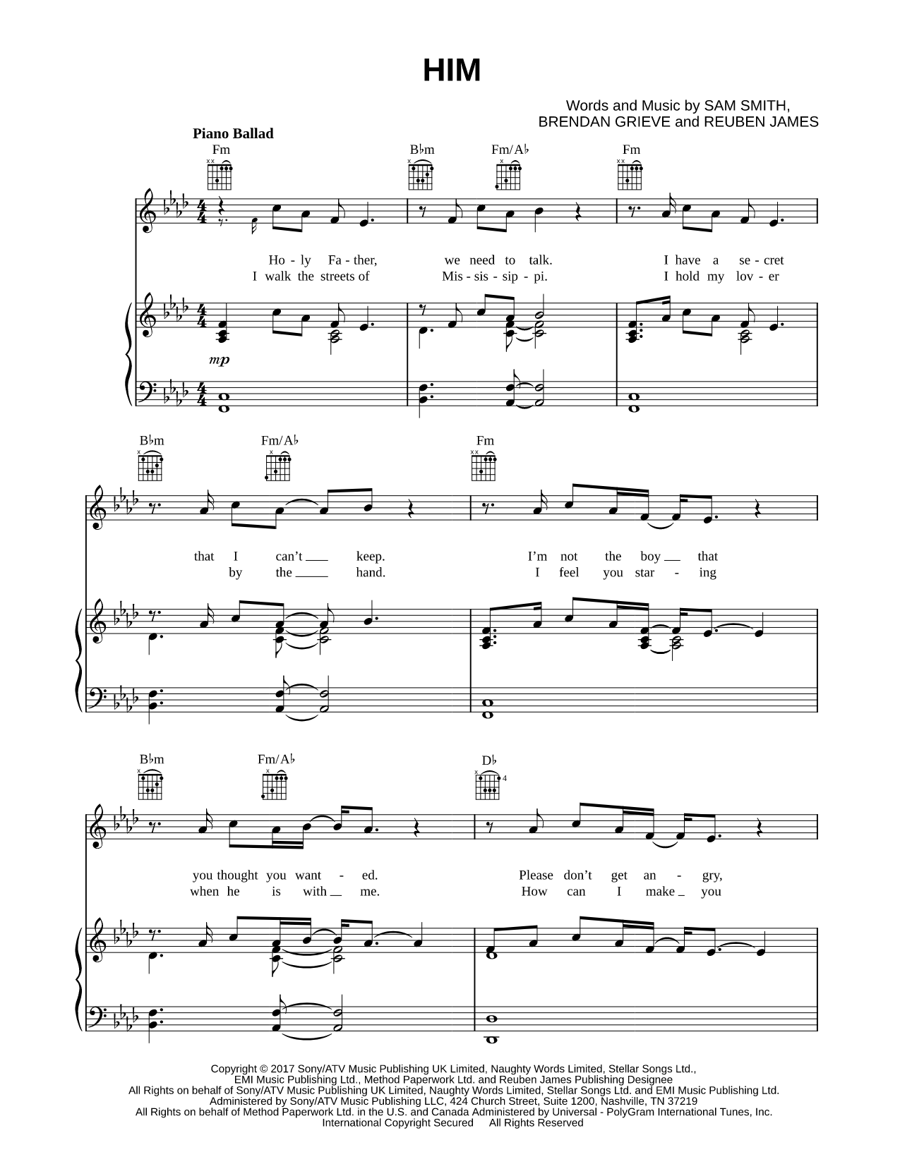 HIM Sheet Music — Piano/Vocal/Guitar