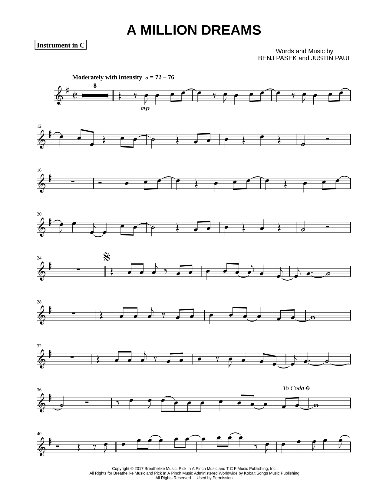A Million Dreams - C Instrument