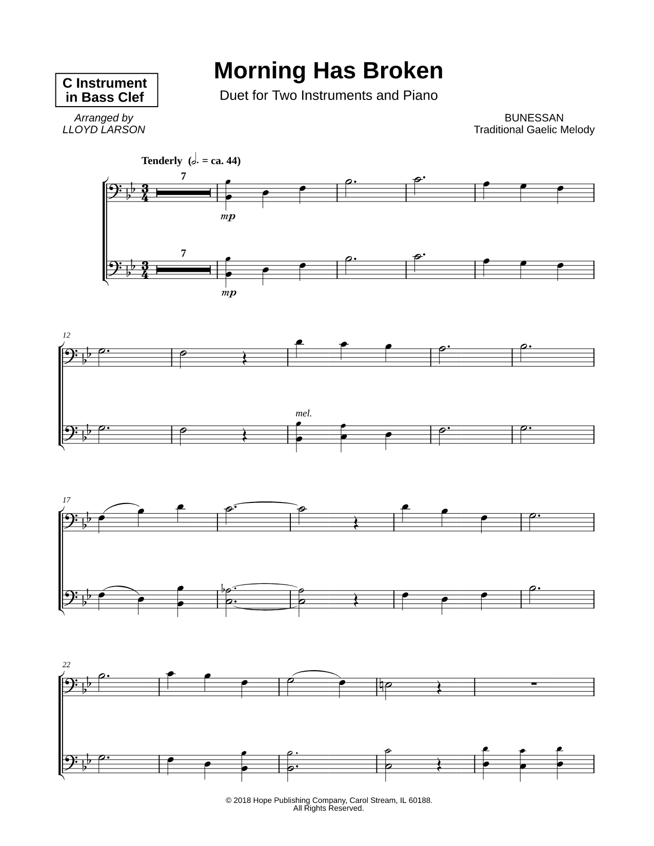 Morning Has Broken - Bass Clef Instrument Duet