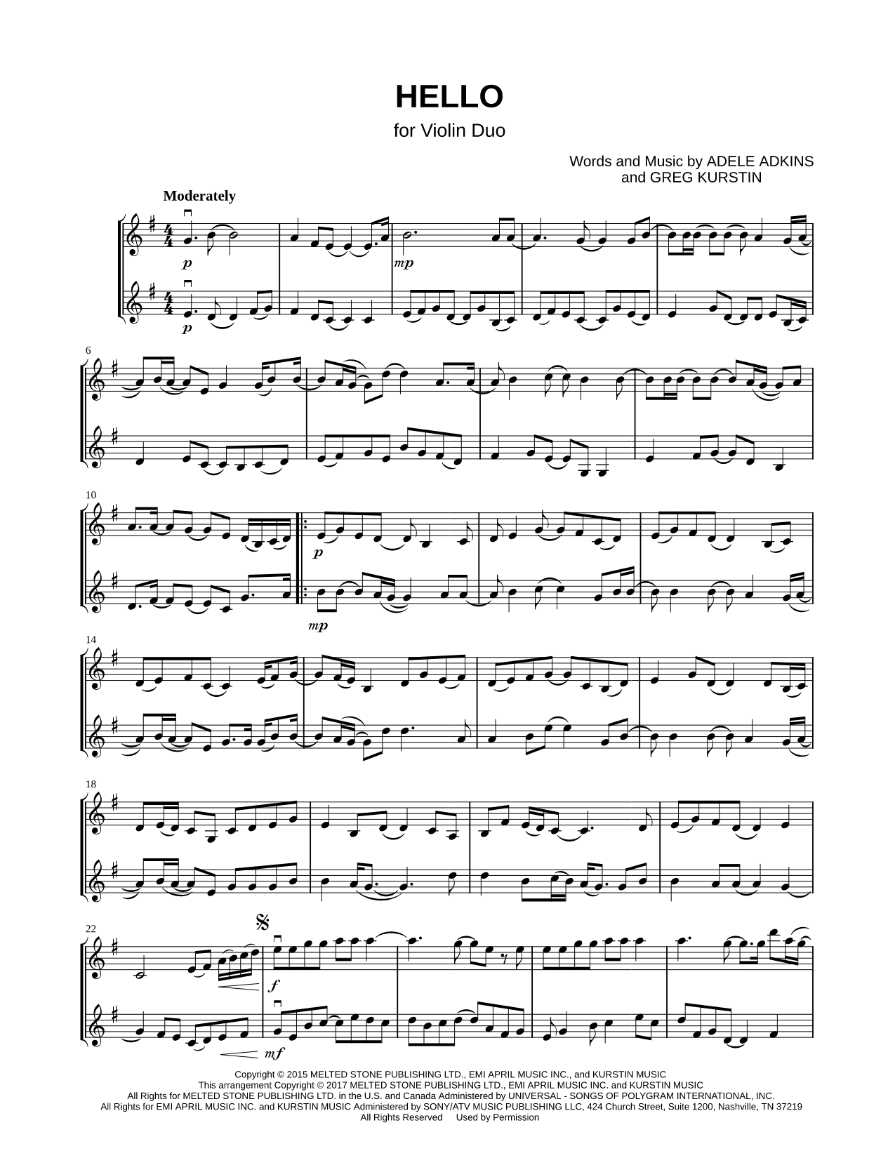 Hello - Violin Duet