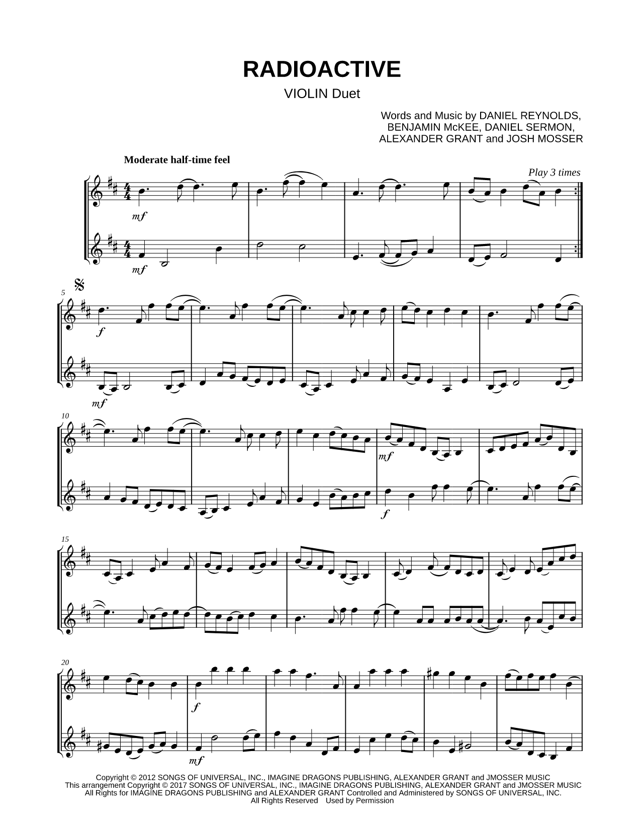 Radioactive - Violin Duet Sheet Music — Instrumental Duet