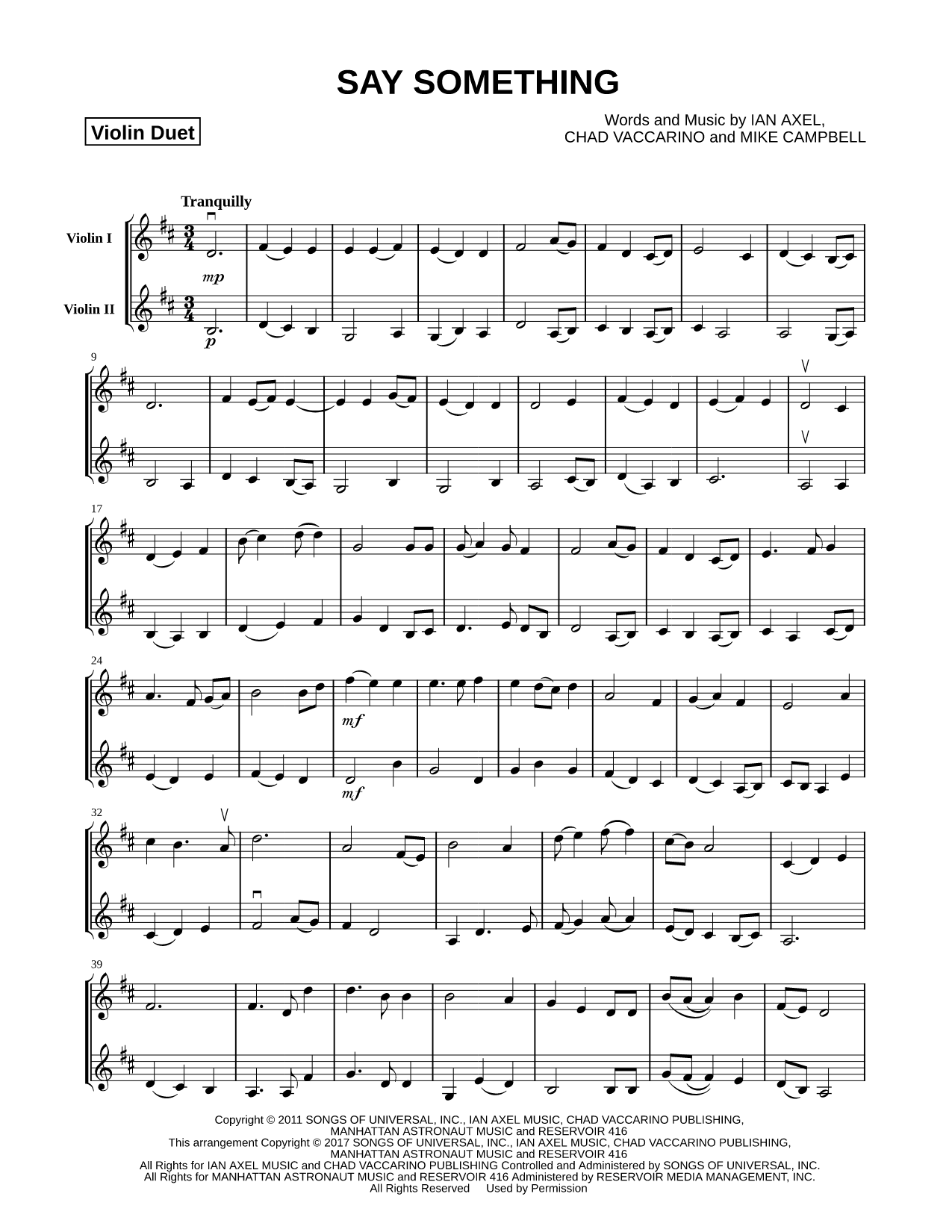 Say Something - Violin Duet Sheet Music — Instrumental Duet