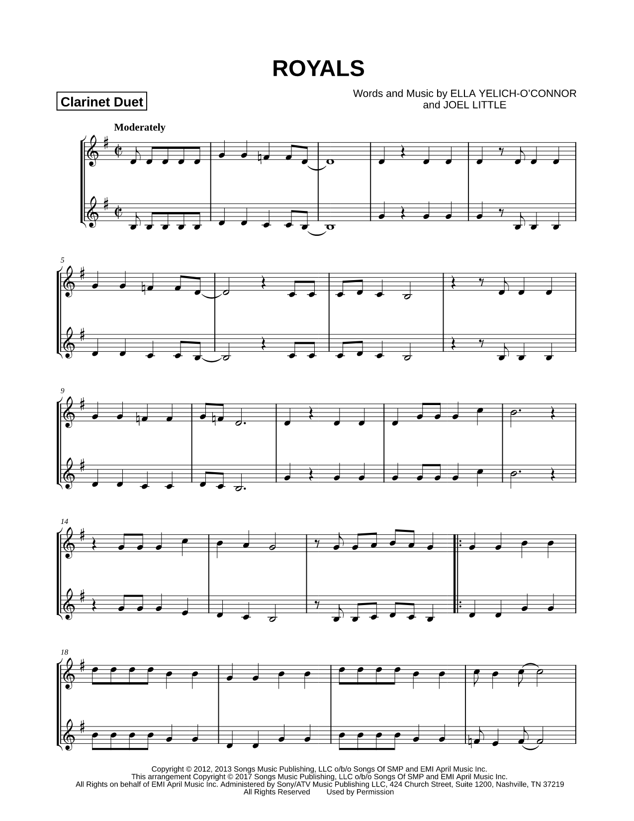 Royals - Clarinet Duet Sheet Music — Instrumental Duet