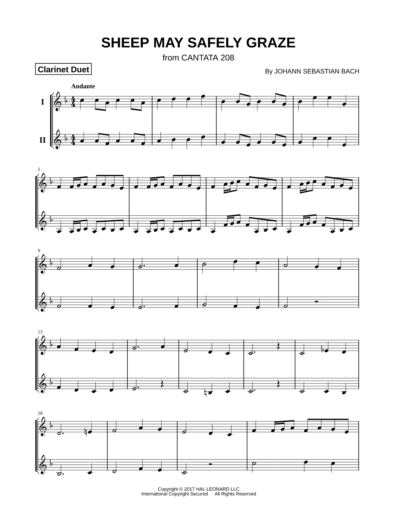 Sheep May Safely Graze - Clarinet Duet