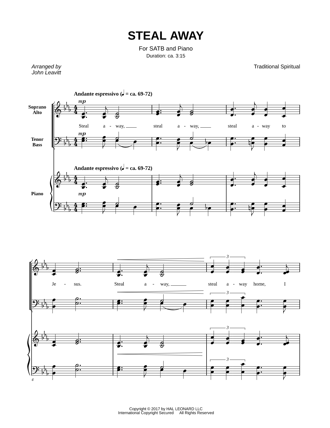 Steal Away Sheet Music — SATB Choir + Piano