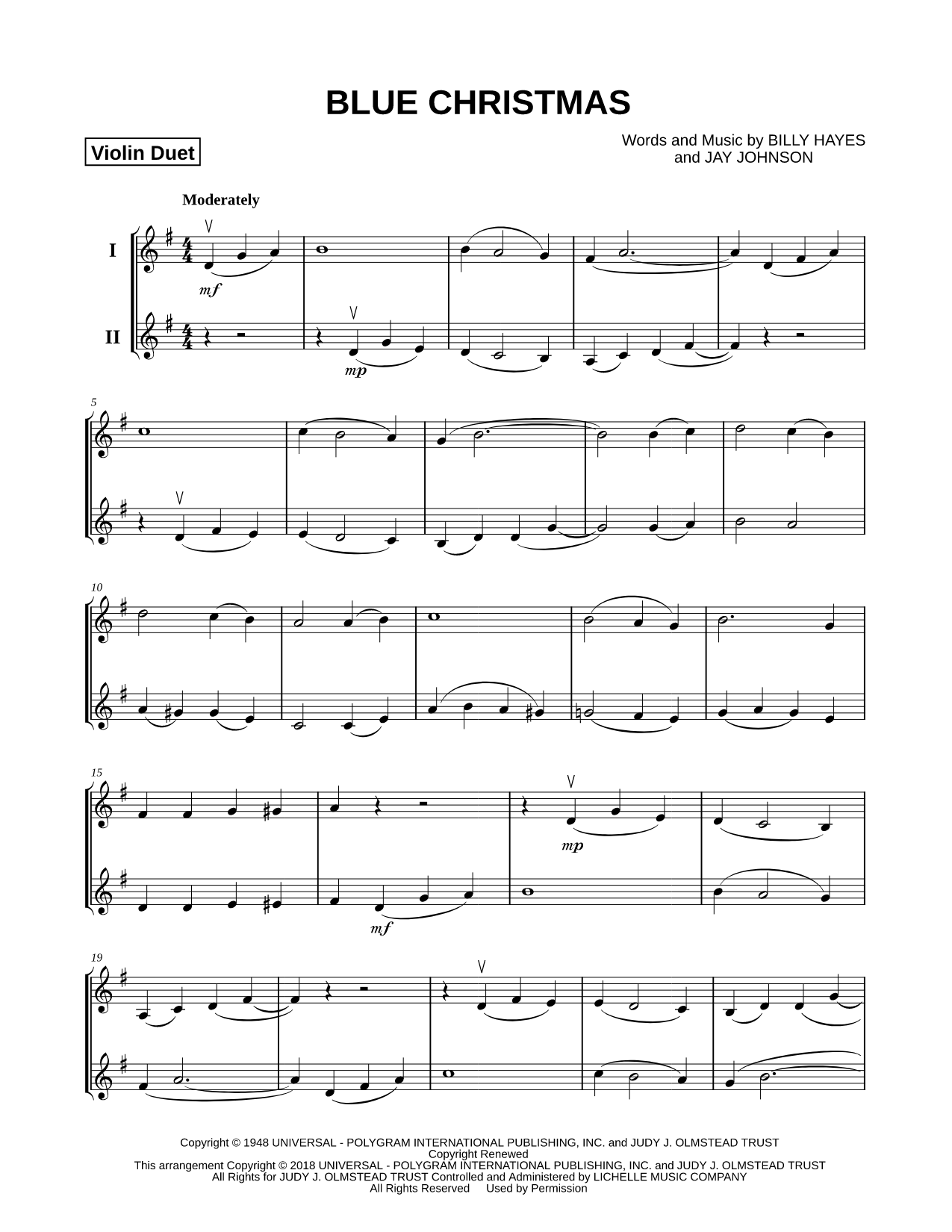 Blue Christmas - Violin Duet