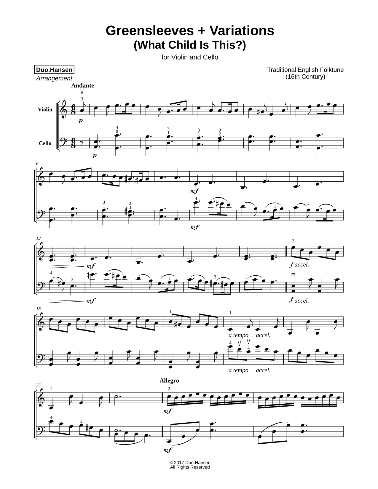Greensleeves + Variations - Violin & Cello