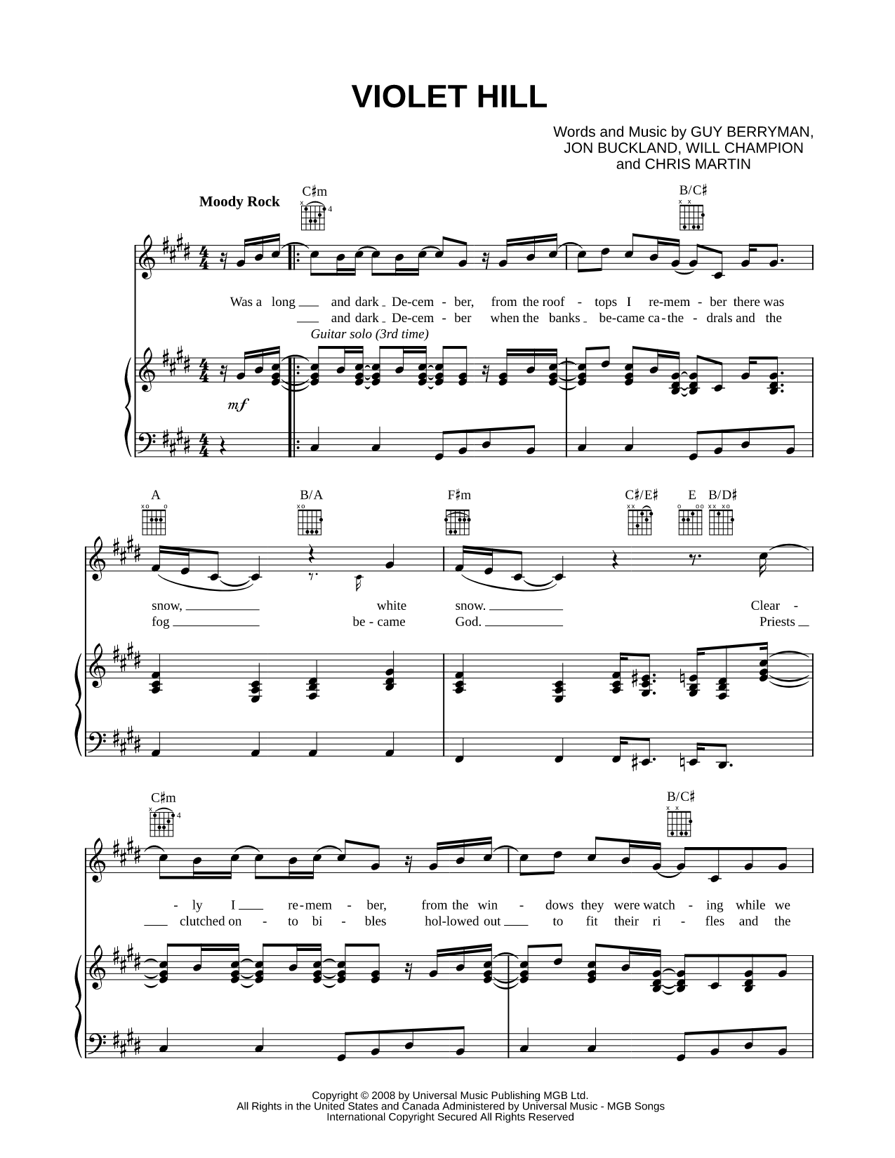 Violet Hill Sheet Music — Piano/Vocal/Guitar