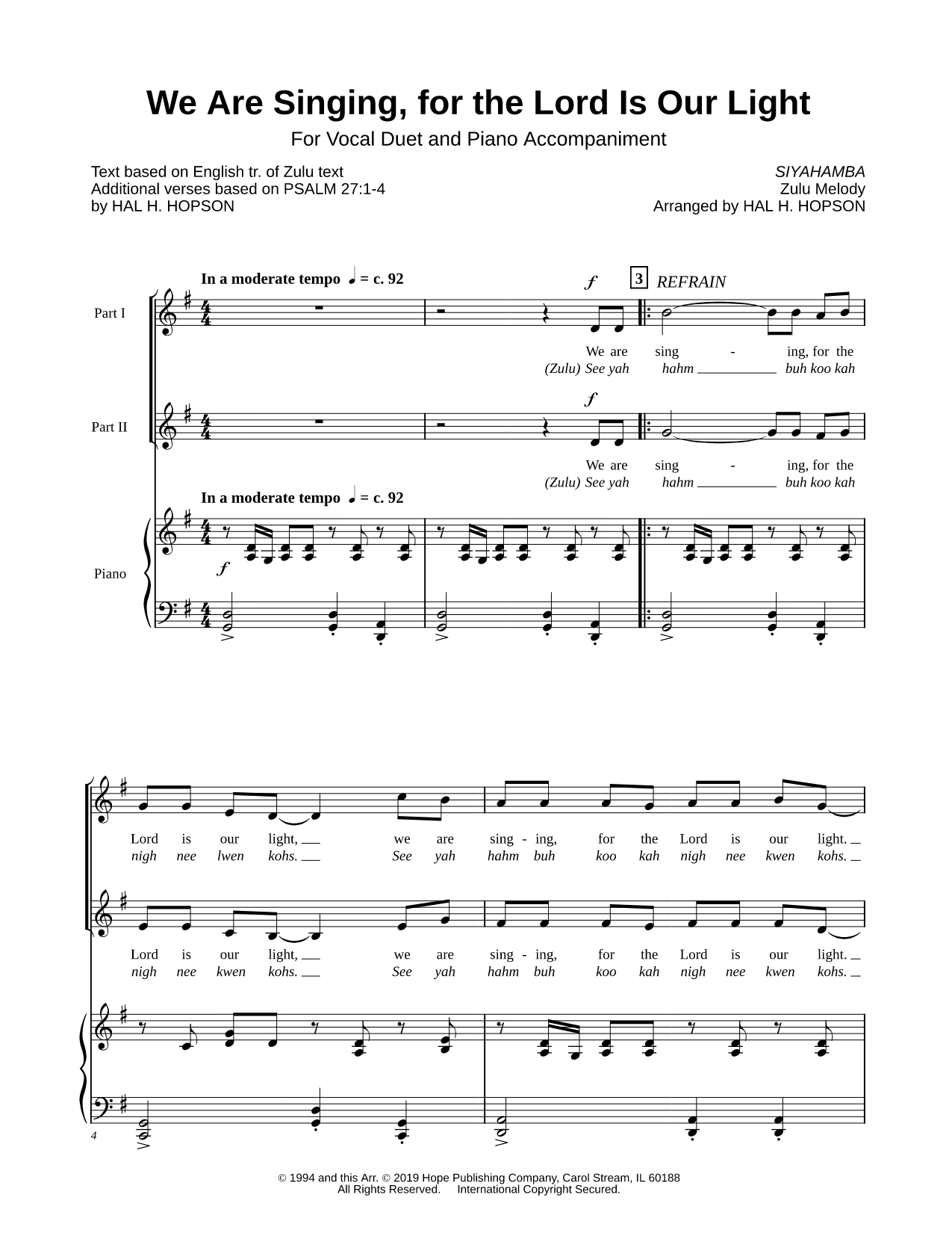 We Are Singing, for the Lord Is Our Light [Vocal Duet]
