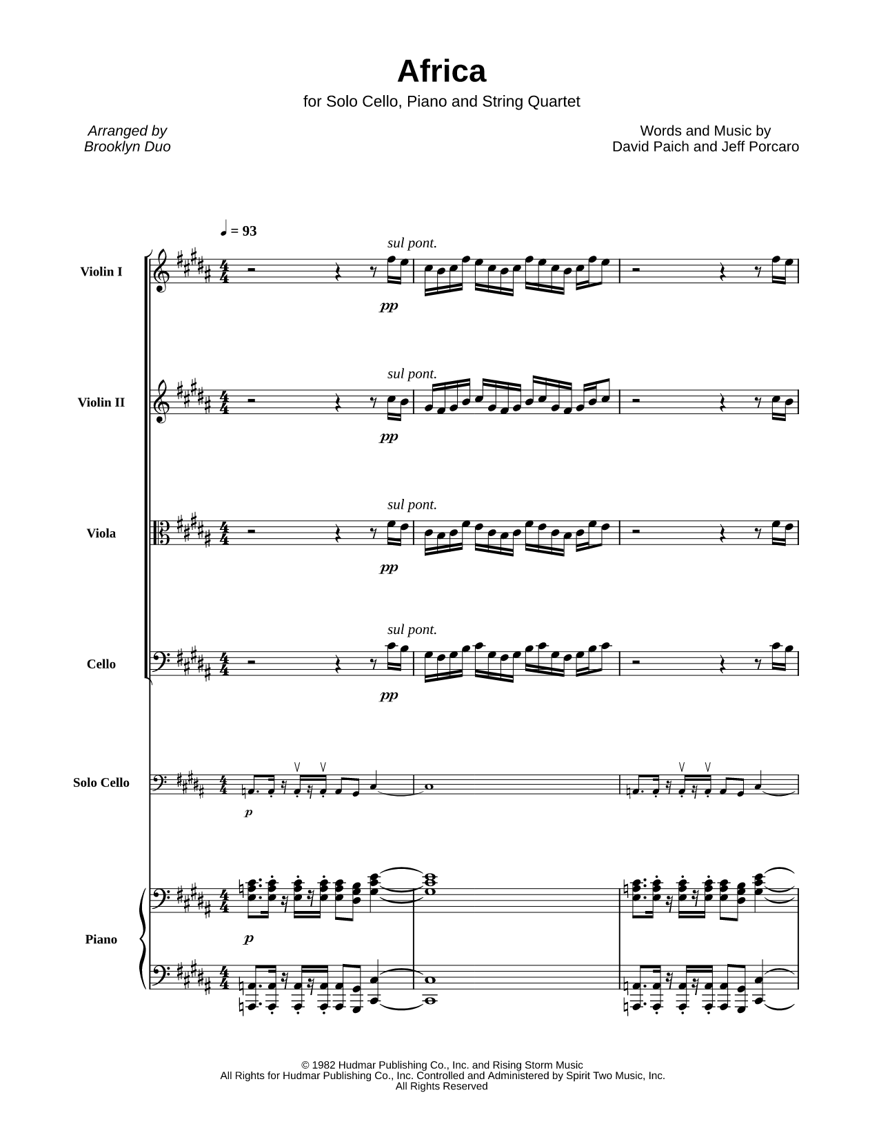 Africa - String Quartet with Solo Cello & Piano