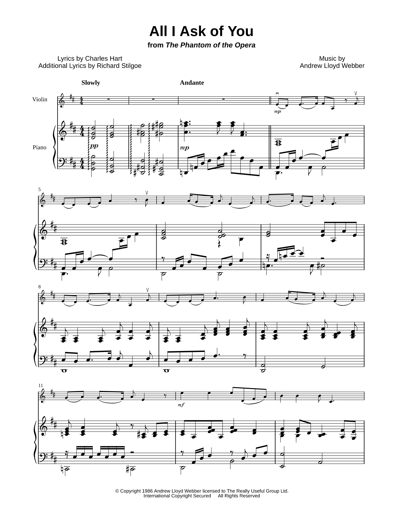 All I Ask of You - Violin & Piano