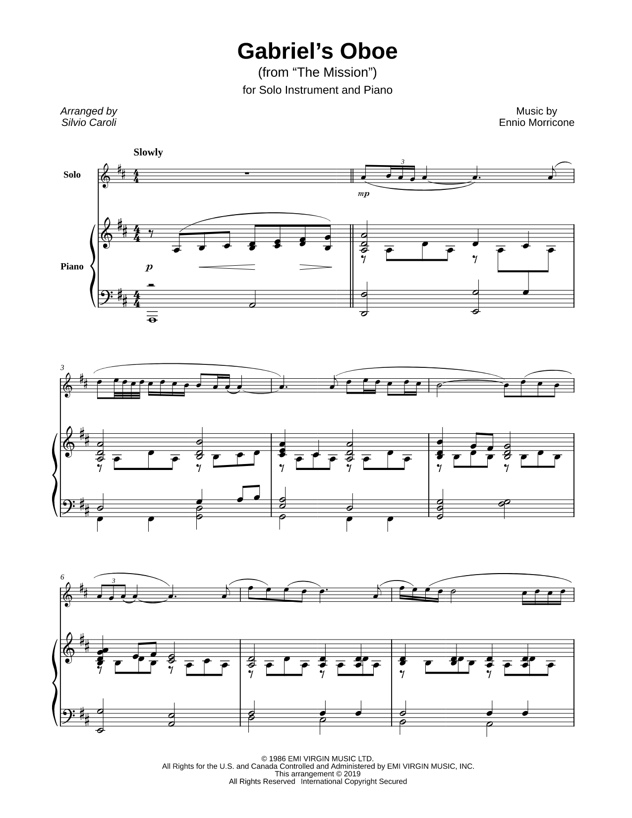 Gabriel's Oboe - C or Bb Instrument & Piano
