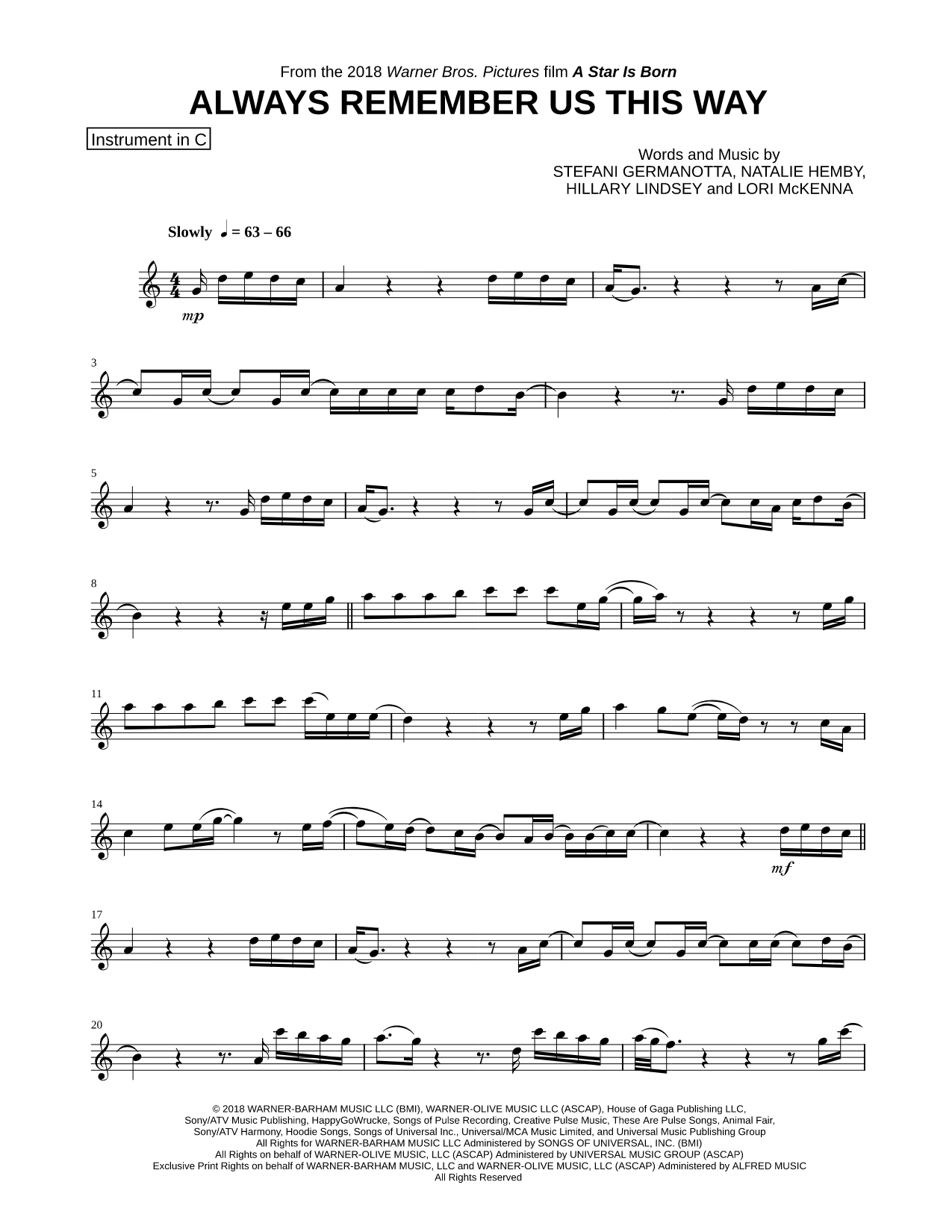 Always Remember Us This Way - C Instrument