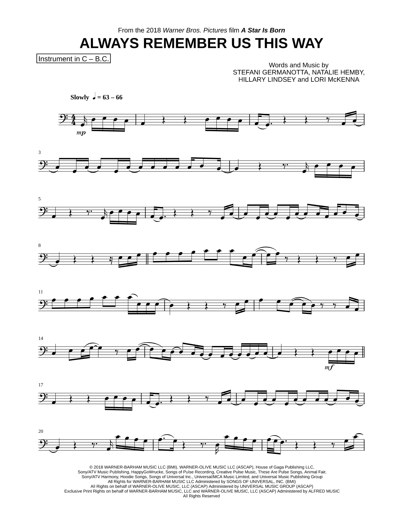 Always Remember Us This Way - Bass Clef Instrument