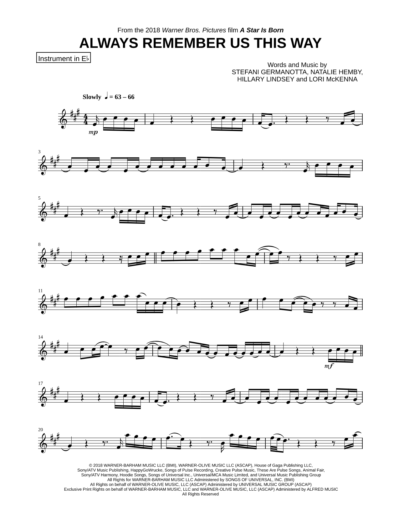 Always Remember Us This Way - Eb Instrument