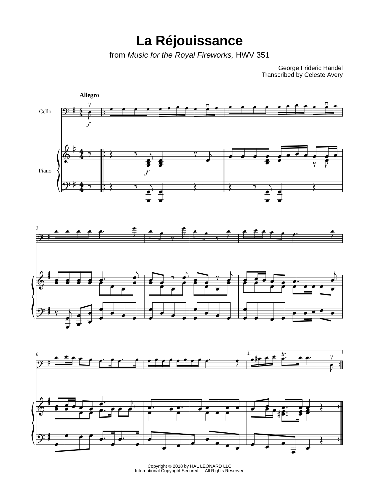 Music for the Royal Fireworks: La Réjouissance - Cello & Piano