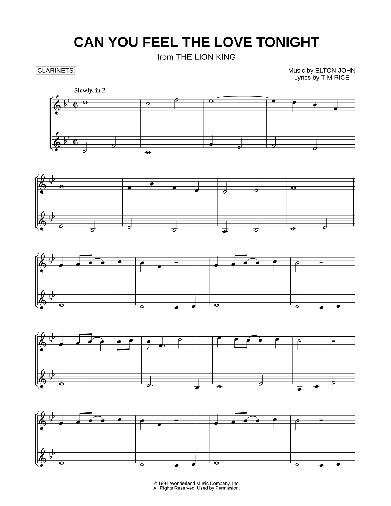 Can You Feel the Love Tonight - Clarinet Duet