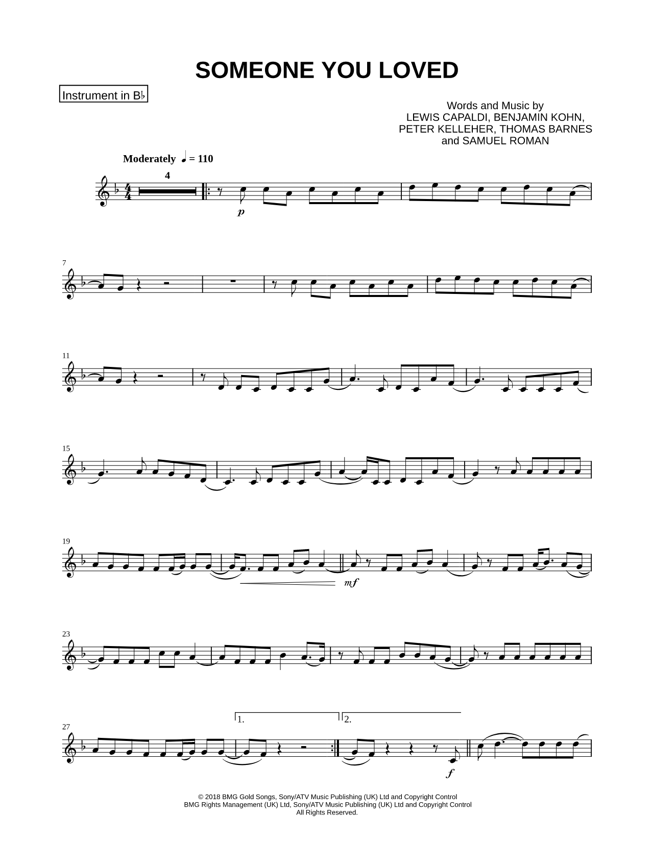 Someone You Loved - Bb Instrument