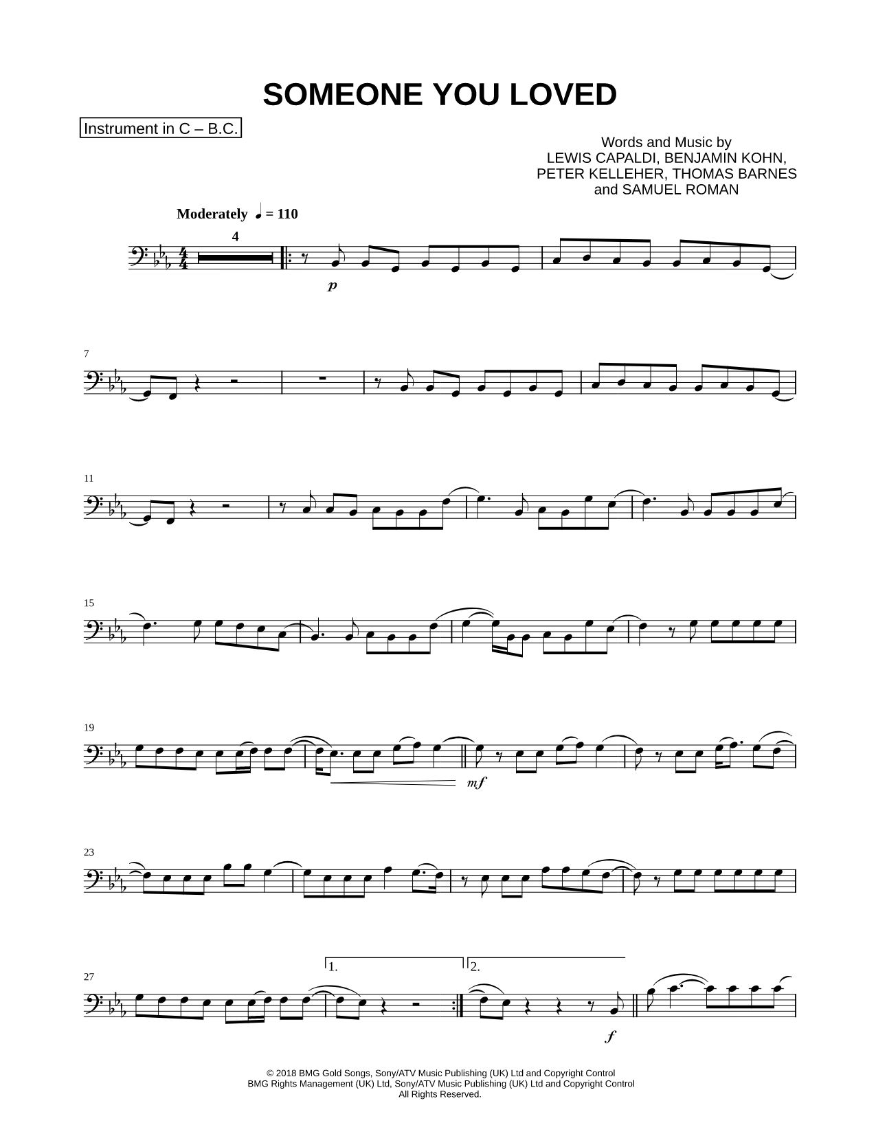 Someone You Loved - Bass Clef Instrument