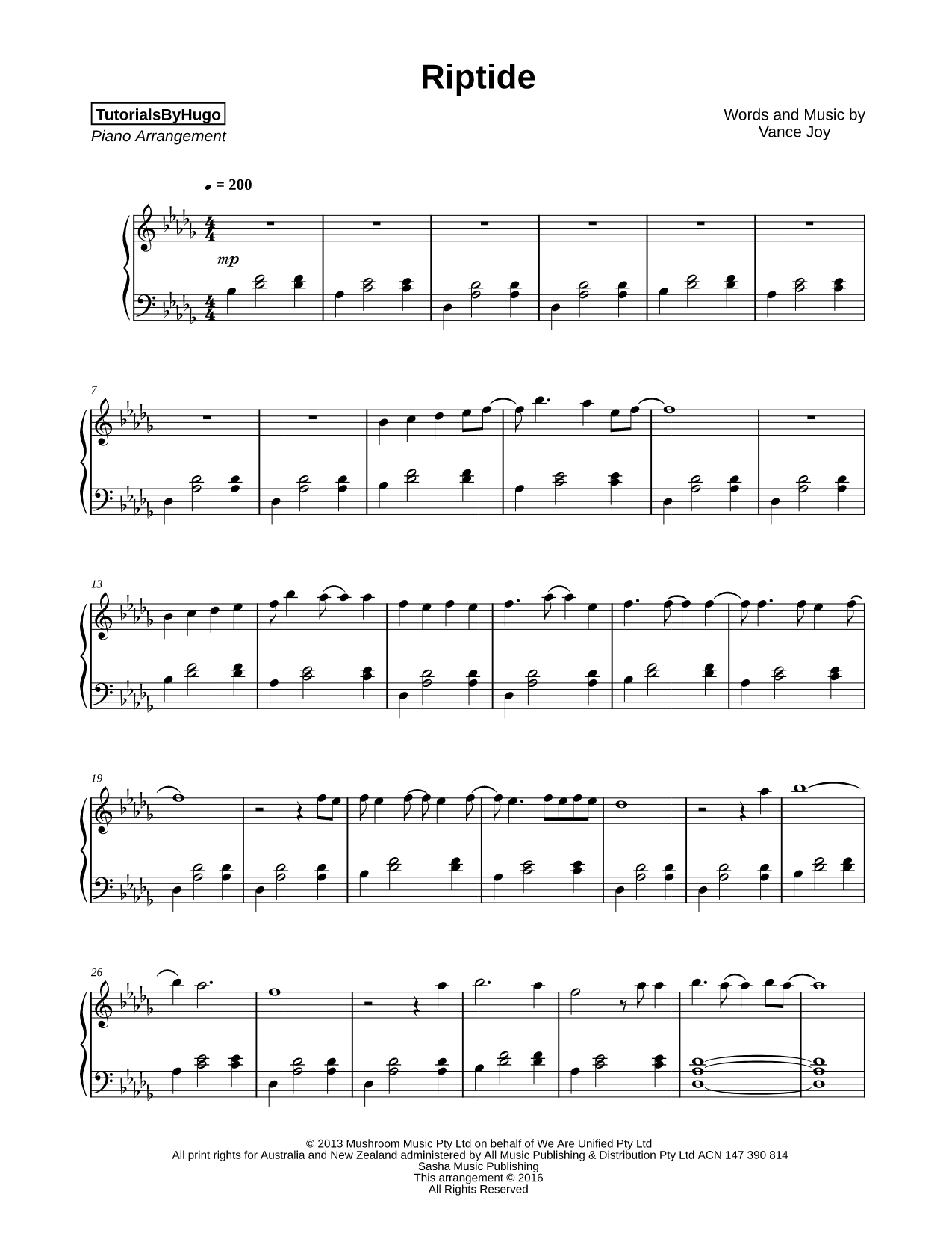 Riptide Sheet Music — Piano Solo