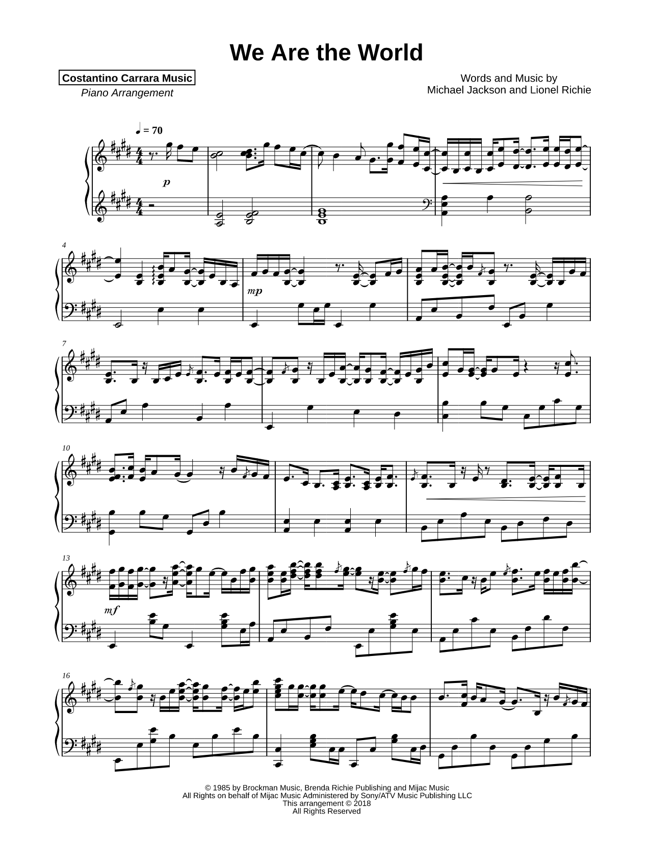 We Are the World Sheet Music — Piano Solo