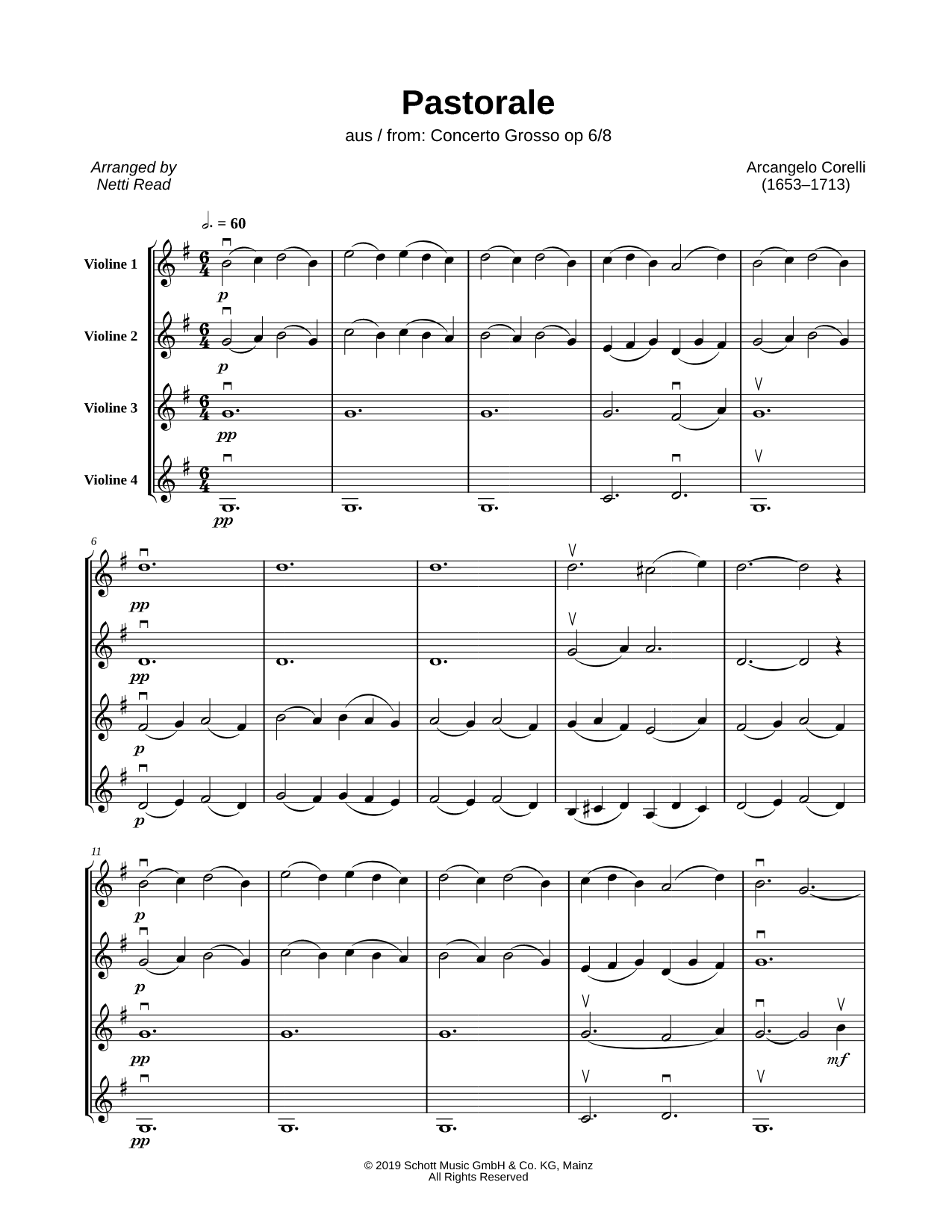 Pastorale from Concerto Grosso #8 - Violin Quartet