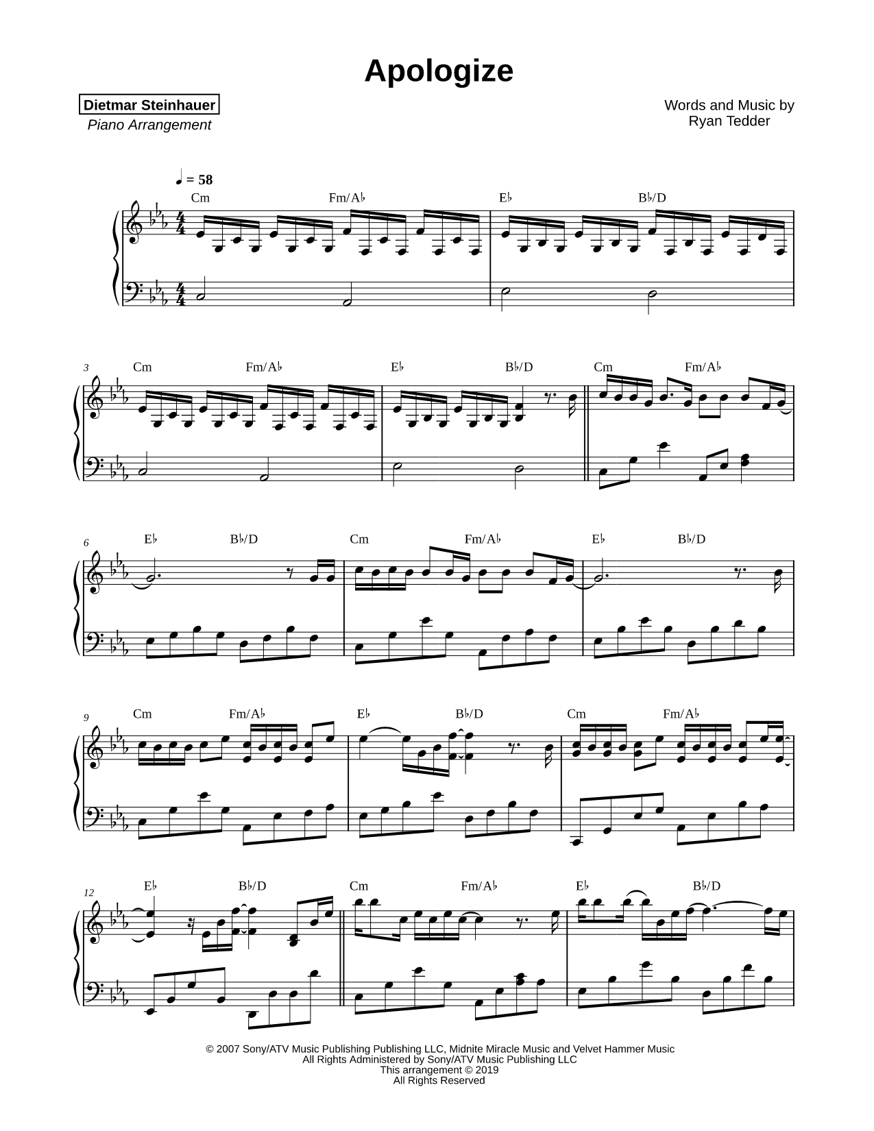 Apologize Sheet Music — Piano Solo